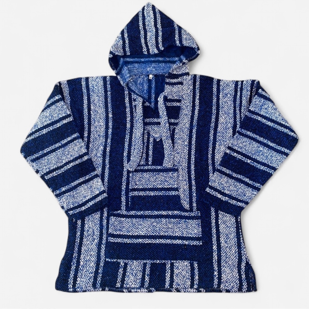 Mexican woven Hoodie White with  Blue Stripes Size S